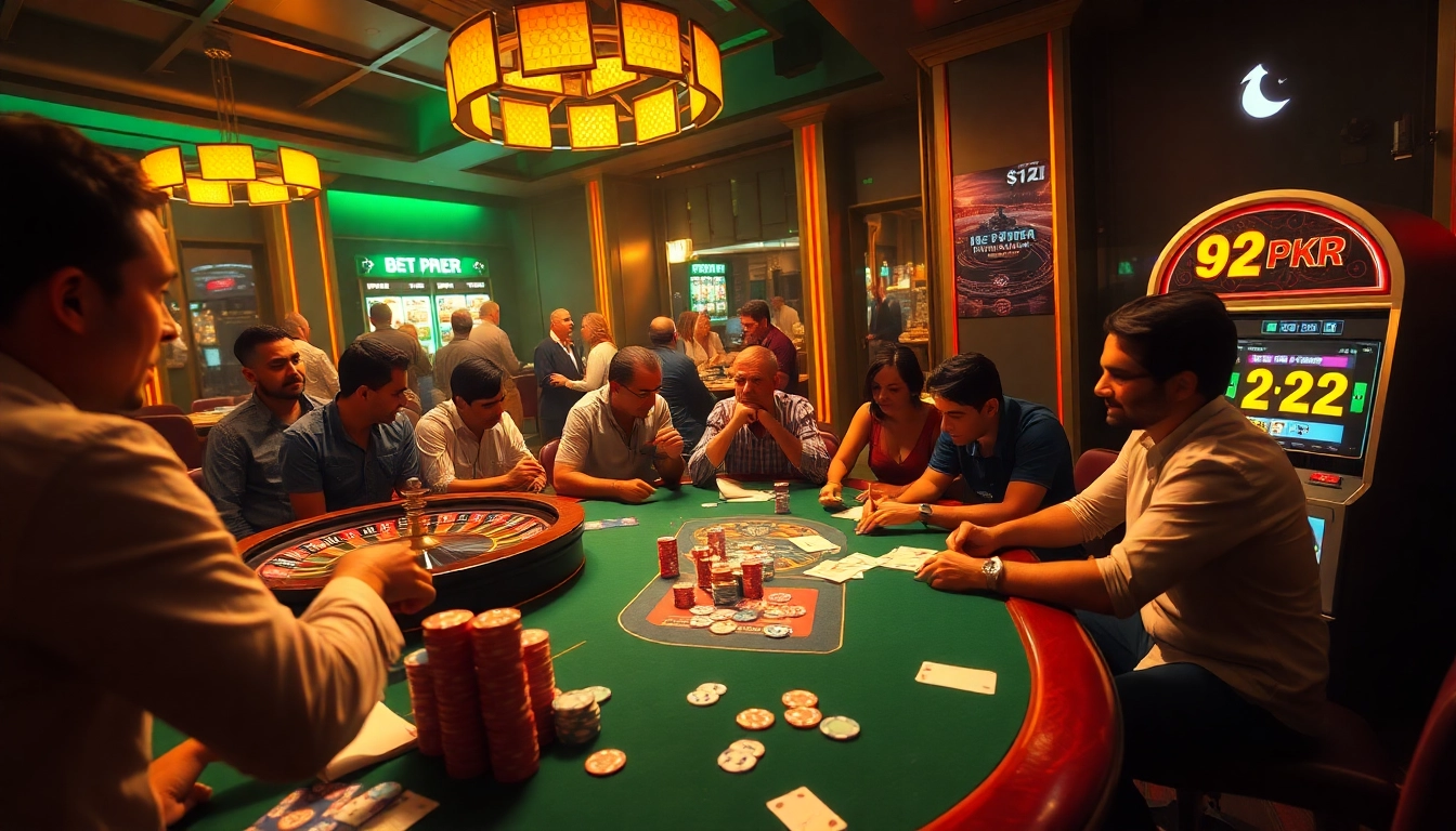 Players gamble at a poker table with 92 pkr winnings; vibrant casino setting filled with excitement.