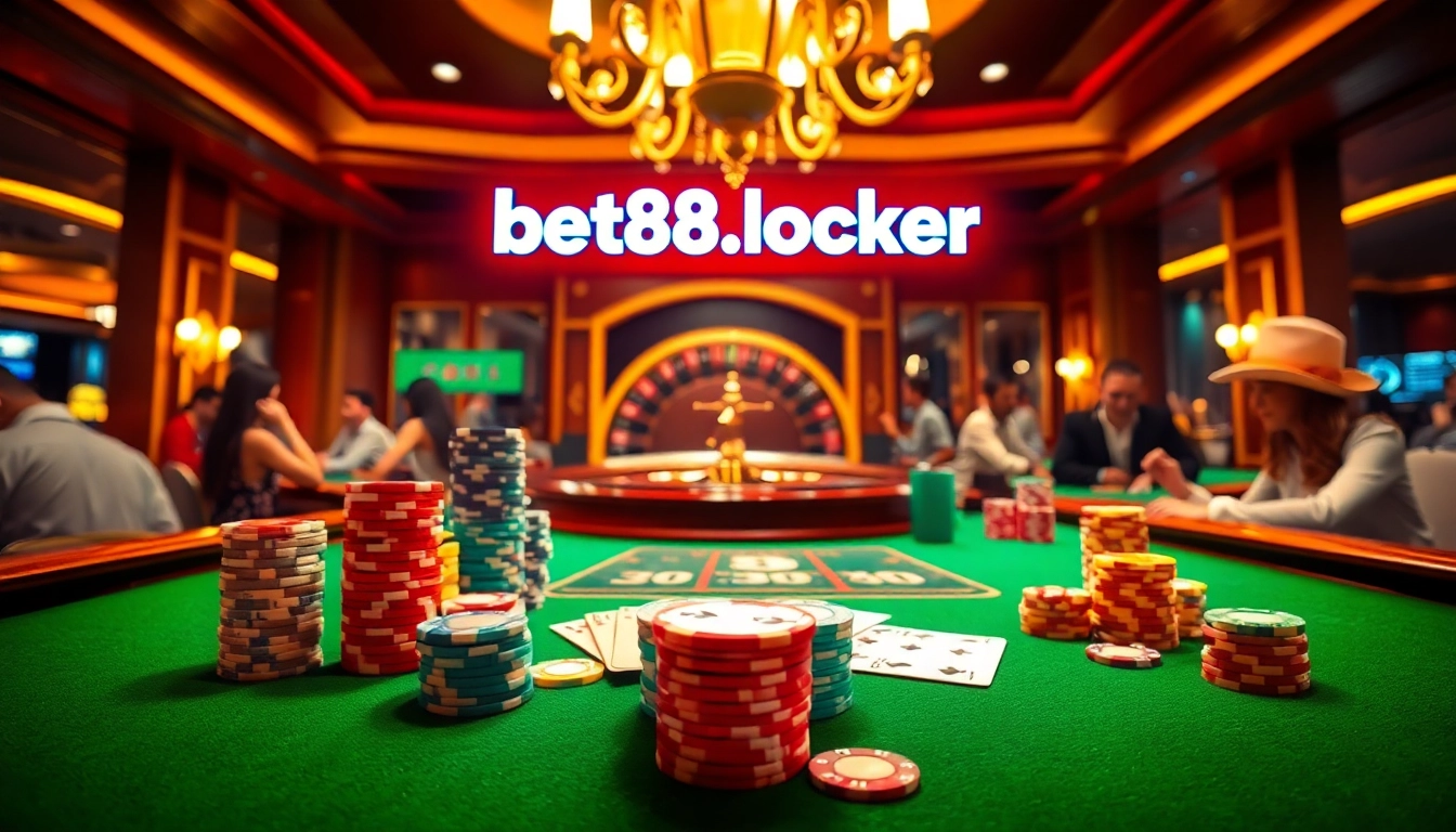 Immerse in the thrilling atmosphere of gambling at bet88vn.locker with a vibrant poker game setup.