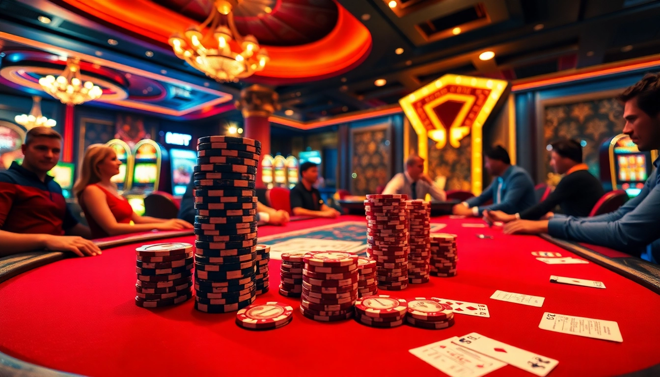 Experience the thrill of debet as players engage at a luxurious poker table in a vibrant casino atmosphere.