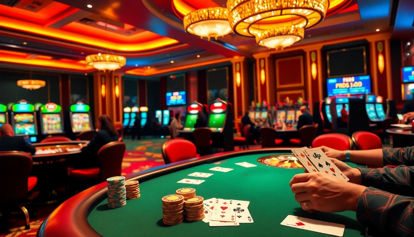 FB88 showcases an exciting poker game, with chips and cards poised for action in a vibrant casino setting.