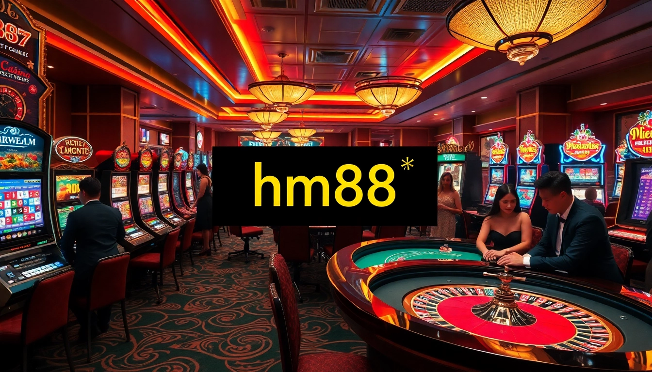 hm88 enhances the excitement at this vibrant casino, showcasing players engaged at the roulette table.
